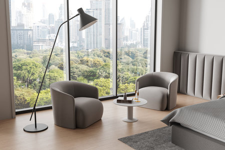 Elegant modern interior with gray chairs, table, floor lamp, large windows showing cityscape. Minimalist home concept. 3D Renderingの写真素材