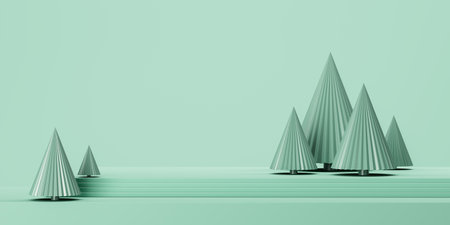 Mock up empty podium and green abstract christmas trees, copy space background. Concept of holiday and present, online shopping and product presentation. 3D renderingの写真素材
