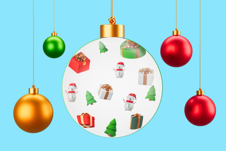 Large glass new year ball on light blue background. Gift boxes and snowmen, christmas trees. Concept of holiday, decoration and celebration. 3D rendering illustrationの写真素材