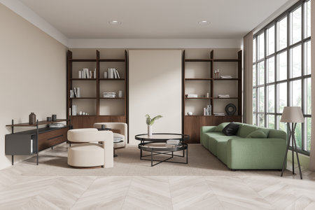Beige home living room interior with green sofa and two armchairs, shelf with decoration and panoramic window on tropics. Relaxing space with minimalist furniture. 3D renderingの写真素材