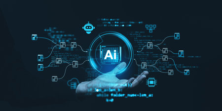 Hand holding AI hologram with tech icons and data on dark background. Concept of future technology and innovation developmentの写真素材