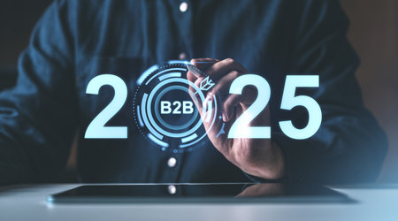 A businessman touches a futuristic interface displaying 2025. Modern graphics on a dark background. Represents business strategy and forecastingの写真素材