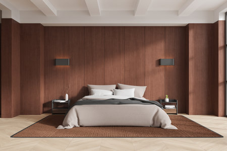 Modern bedroom with wooden wall panels, minimalist decor, neutral bedding, and soft lighting. Concept of contemporary interior design. 3D Renderingの写真素材