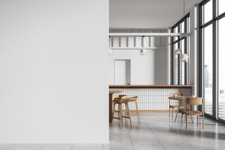 Minimalist interior with a blank wall and wooden furniture in a modern cafe setting. Bright daylight from large windows. Concept of simplicity. 3D Renderingの写真素材