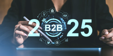 Woman holding a stylus, interacting with a futuristic B2B interface for 2025, featuring business icons and digital elements on a dark background. Concept of future business strategyの写真素材