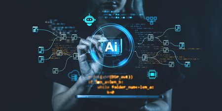 Person interacting with AI hologram interface, futuristic tech style, dark background. Concept of artificial intelligence technologyの写真素材