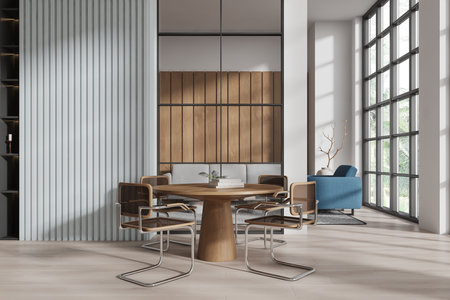 A modern living room with wooden furniture, large windows, and natural light. Minimalist design, cozy atmosphere, stylish home concept. 3D Renderingの写真素材