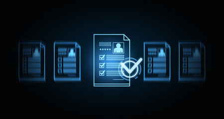 A glowing digital document with checkmarks, surrounded by other documents, on a dark background. Concept of selection, approval, and data verification. 3D Renderingの写真素材