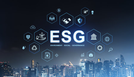 City skyline at night with ESG icons floating above. Blue neon style, dark background. Concept of sustainability and governanceの写真素材