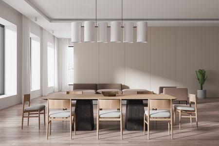 Dining room with wooden chairs and table in neutral tones, minimalist design, bright windows, and a plant on the side, spacious concept. 3D Renderingの写真素材