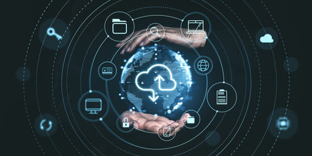 Hands surrounding digital cloud icons on a dark background, symbolizing online data storage and management, futuristic styleの写真素材