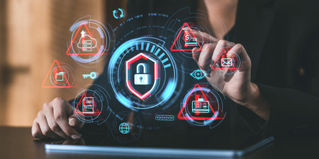 Person interacting with digital security interface, futuristic style, wooden background, concept of cybersecurity protectionの写真素材