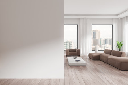 Empty wall mockup on the left, modern living room with brown furniture and large windows in daylight on the right. Minimalist concept. 3D Renderingの写真素材