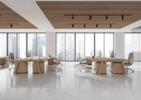 Spacious open space office with wooden desks and chairs, large windows showing cityscape. Modern interior, business concept. 3D Renderingの写真素材