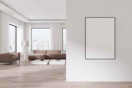 Spacious living room interior with brown sofa, coffee tables, and large windows. Empty blank poster on wall, modern cityscape visible. 3D Rendering.の写真素材