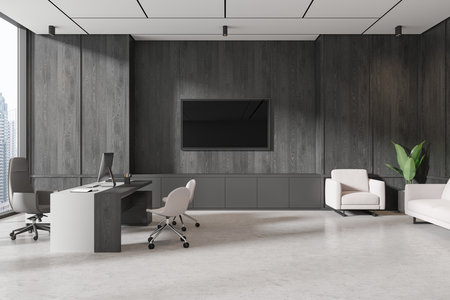 A modern office interior with sleek furniture, dark wood walls, and large windows. Spacious, professional setting with cityscape outside. 3D Renderingの写真素材