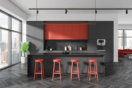 Stylish kitchen interior with red cabinets and stools, modern design, large windows, city view. Concept of luxury home decor. 3D Renderingの写真素材