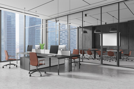 Spacious modern office with multiple workstations, office chairs, and a conference room. Large windows offer a city view. Concept of coworking. 3D Rendering.の写真素材