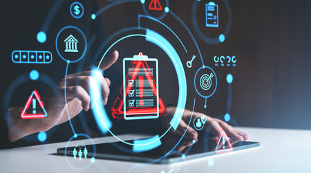Digital interface with risk management icons, hands interacting. Futuristic style on dark background. Concept of business strategyの写真素材