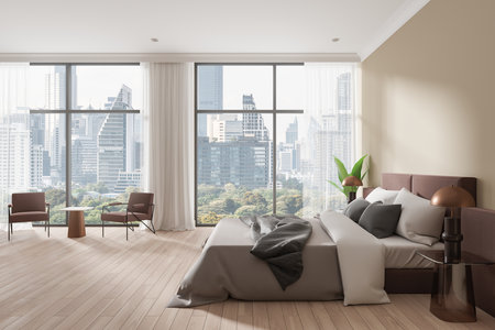 Elegant modern bedroom with large windows overlooking cityscape, featuring stylish furniture and neutral tones. Cozy home design. 3D Renderingの写真素材