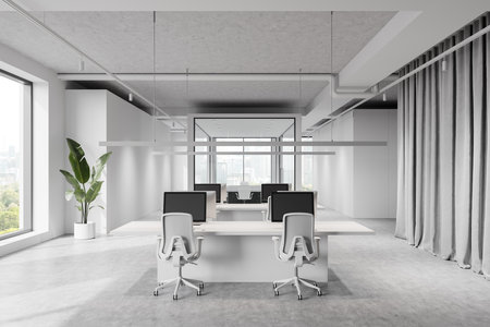 Spacious modern office interior with open space layout, featuring sleek furniture and large windows. Minimalist and bright concept. 3D Renderingの写真素材