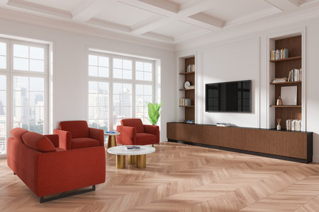 Elegant modern living room with red sofas, wood floors, and a TV on the wall. Bright cityscape view from windows. Interior design concept. 3D Renderingの写真素材