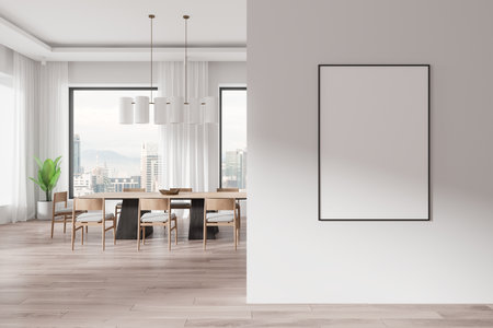 Blank poster mockup on a dining room wall with wooden furniture and large windows. Modern interior with cityscape view in the background. 3D Renderingの写真素材