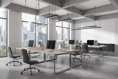 Spacious modern office interior with large windows and cityscape view. Open space layout with desks and chairs. Concept of business. 3D Renderingの写真素材