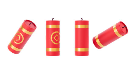 Red and gold Chinese New Year firecrackers illustration on white background. Concept of celebration and tradition. 3D Renderingの写真素材