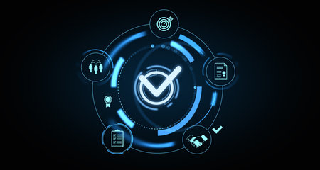 Digital icons representing verification and approval in a cyber style on a dark background. Concept of digital security. 3D Renderingの写真素材