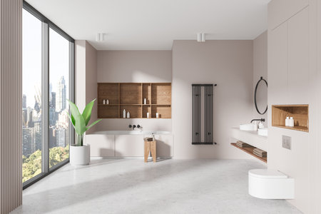 Spacious modern bathroom with wooden shelves, bathtub, and large windows showcasing a city skyline. Minimalist design. 3D Renderingの写真素材