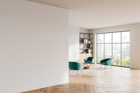 Minimalist living room with an empty white wall on the left, teal chairs and a wooden floor, large windows revealing a cityscape, concept of interior design mockup. 3D Renderingの写真素材