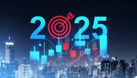 2025 with a target icon and stock charts overlayed on a city skyline at night. Represents business growth, planning, and future strategy in Asiaの写真素材