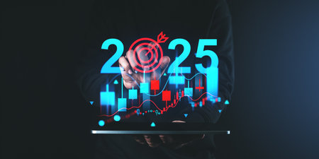 Hand pointing at target icon with 2025 text and stock market graph overlay. Futuristic business strategy and concept on a dark backgroundの写真素材