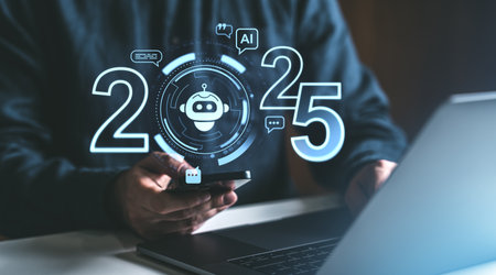 Person holding a smartphone with futuristic AI icons and 2025 technology interface, dark background. Concept of future predictions and innovationの写真素材