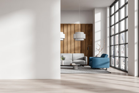 Minimalist living room with empty white wall mockup, modern furniture, large windows, wooden panel accent, bright ambiance. 3D Renderingの写真素材