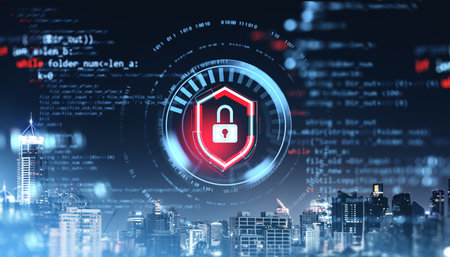 A digital padlock shield icon with binary codes and programming elements, overlayed on a city skyline background. Concept of cybersecurityの写真素材