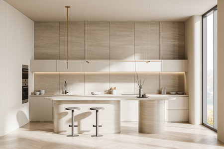 Stylish modern kitchen interior with beige cabinets, a minimalist island, and sleek stools. Large windows allow light to fill the room. Contemporary home design. 3D Rendering.の写真素材