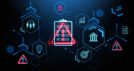 Visual representation of risk management with checklists, icons, and warning signs, displayed in blue and red on a dark background. 3D Renderingの写真素材
