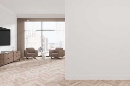 A modern living room interior with a blank white wall for mockup. Wooden furniture, large window offers city view, natural light fills the room, 3D Renderingの写真素材