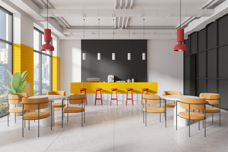 Contemporary cafe interior with yellow tiled bar, red stools, and pendant lights. Minimalist tables and chairs with large windows. Urban eatery concept. 3D Rendering.の写真素材