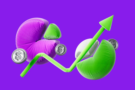 Balloon shapes in purple, green, and white forming a pie chart with a green arrow and silver dollar coins, on a purple background. Financial growth concept, 3D Renderingの写真素材