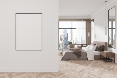Blank poster frame on white wall in modern bedroom with cityscape view, wooden floor, and cozy bed. Minimalist design, neutral tones, urban lifestyle. 3D Rendering.の写真素材