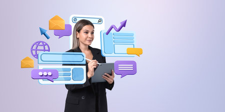 A woman holding a tablet, surrounded by floating digital icons like emails, messages, and web elements on a light background. Concept of communication technologyの写真素材
