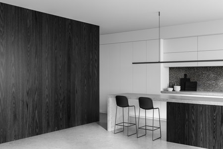 Contemporary kitchen interior with dark wood cabinets, minimalist bar stools, and sleek decor. Clean and modern aesthetic, focusing on luxury design and household functionality. 3D Renderingの写真素材