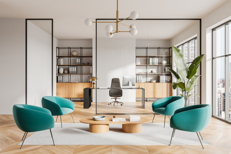 A modern office interior featuring teal chairs, a desk, and wooden shelves. Natural light from large windows. Concept of modern business workspace. 3D Renderingの写真素材