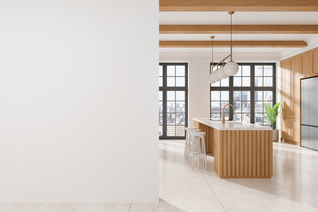 Modern kitchen with blank white wall on the left side for mockup, wooden ceiling beams, and an island with stools in a bright, open space. 3D Renderingの写真素材