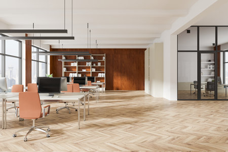 Spacious modern office interior with wooden floor, shelves, and large windows overlooking the city. Minimalistic design, wooden accents, coworking concept. 3D Rendering.の写真素材
