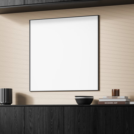 Blank frame mockup on a textured wooden wall, with a black countertop holding decor items and books. Modern interior concept. 3D Renderingの写真素材