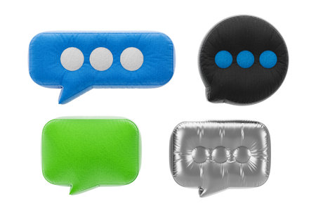 Four speech bubble-shaped balloons in blue, green, silver, and colors with a fabric-like texture on a white background. Concept of communication. 3D Rendering.の写真素材